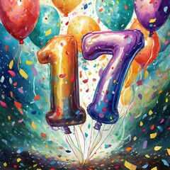 Balloon number 17, illustration for birthday or anniversary celebration, digital painting