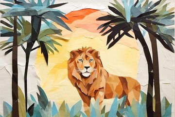 Poster - Abstract lion in tropical forest ripped paper art painting mammal.