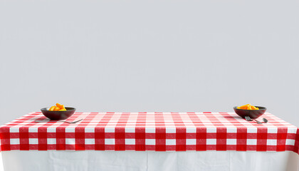 Classic italian cooking template - blank table with a red checked tablecloth isolated on a transparent background.