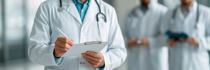 doctors wearing white coats and stethoscopes discussing medical records in a hospital setting, focus