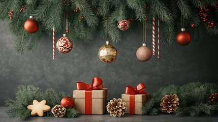 Fir tree branches decorated with baubles ornaments and gift boxes for Christmas and New Year Holiday on isolated background with copy space