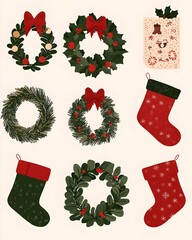 Wall Mural - Festive holiday decorations and stockings collection