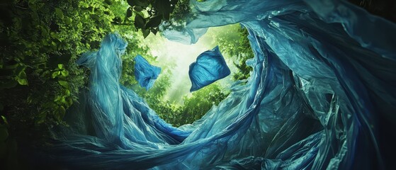 Canvas Print - A winding path of blue plastic contrasts against lush greenery, highlighting environmental concerns and the impact of pollution on nature.