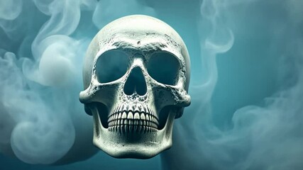Fototapete - A skull is shown in the middle of a cloud of smoke. The skull is surrounded by a dark background, and the smoke is billowing out from the skull, creating a sense of mystery and intrigue