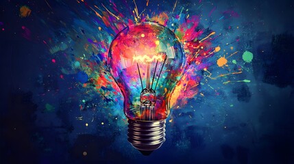 Wall Mural - illuminated lightbulb with colorful splashes and strokes