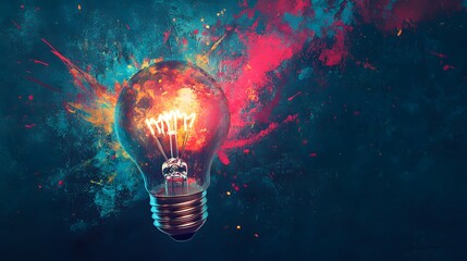 Wall Mural - glowing light bulb surrounded by exploding paint splatter