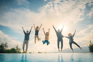 Wall Mural - Happy family people group celebrate jump for good life on weekend concept for win victory, person faith in financial freedom healthy wellness, Great insurance team support retreat together in summer.