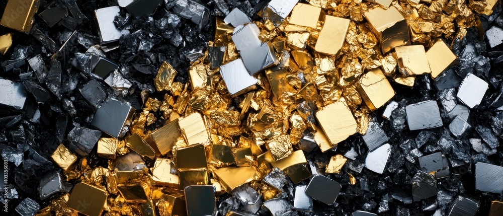 An abstract composition featuring shiny gold and silver square fragments scattered on a dark background, evoking luxury and richness.