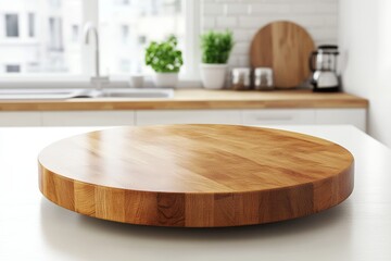 A round wooden board on a white countertop in a kitchen.