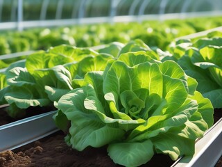 A close-up image of vibrant green lettuce growing inside a greenhouse