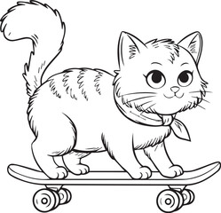 PrintDomestic cat pet ride on skateboard sketch engraving vector illustration. Scratch board style imitation. Black and white hand drawn image.