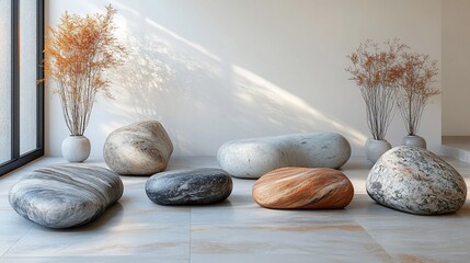 Six smooth, oval-shaped stone stools arranged in a living room with two vases with dried plants and natural light.