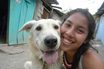 Poster - Dog and young mexican girl animal architecture portrait.