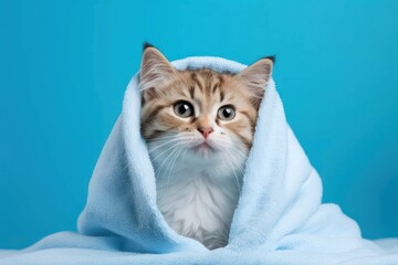 Sticker - Cat in blanket, blue background.  by rawpixel.