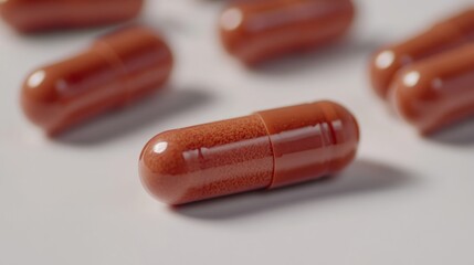 Close-up of reddish-brown capsules, likely for medicinal use.