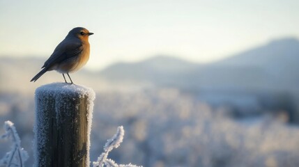 Fototapete - A small bird stands on a frosty wooden post, surrounded by a winter landscape. The soft morning light casts a warm glow, highlighting the serene beauty of nature during the cold season.