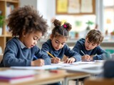 Three children are sitting at a desk writing