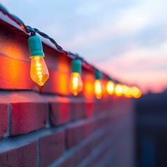 Warm glowing string lights illuminating a brick wall at dusk