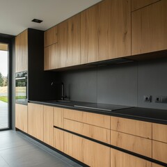 a kitchen with a large window and a black counter top