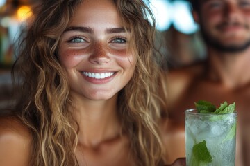 A beach party outside is cheered on by friends drinking cocktails