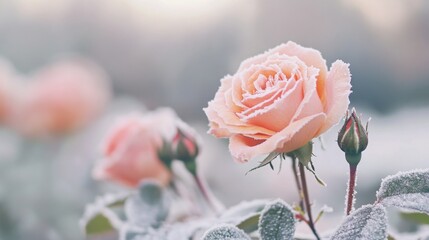 Aufkleber - Delicate pink roses adorned with a frosty coating stand out in a winter garden as the sun rises, casting a soft glow on the serene landscape filled with glistening ice crystals.