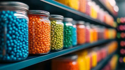 A vibrant candy packaging, playful illustrations, glossy finish, displayed on colorful shelves in a candy store, isolated on white background