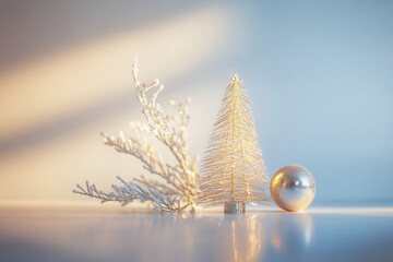 Wall Mural - Abstract background with small decorative Christmas tree and toys in light gold and blue tones