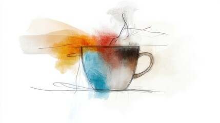 Minimalist line art of coconut soup with soft watercolors for culinary design