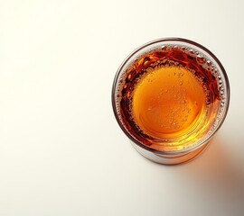 This is a top view of a glass of champagne on a white background. Festive drink.