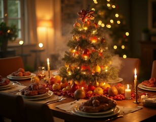 Festive holiday dining with elegant christmas centerpiece and candlelit ambiance