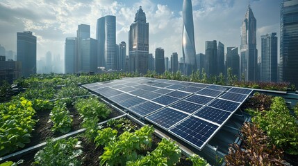 Rooftop Garden with Solar Panels and Cityscape in Background