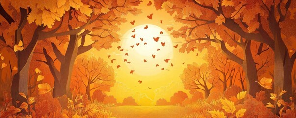 Papercut-style art of an autumn scene with trees, falling leaves, and a warm sunset, evoking a cozy fall atmosphere