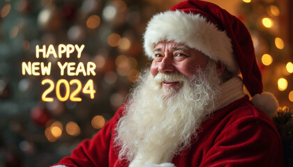 A close-up portrait of a smiling Santa Claus, wearing a red suit and a Santa hat, against a backdrop of twinkling Christmas lights. The text 