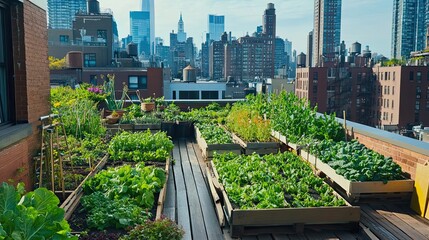 Urban Rooftop Garden with City Skyline in Background