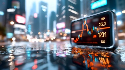 Shimmering futuristic city skyline reflecting dynamic market charts and financial data representing the liquidity movement and growth of the modern economy and capital markets