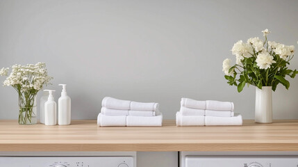 A light wooden countertop with two white washing machines