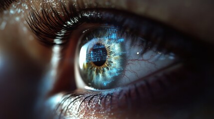 Futuristic digital eye with glowing binary code for technology and innovation design