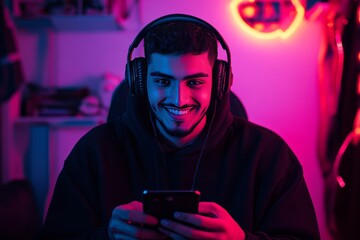 Arab man gaming with smartphone and headset