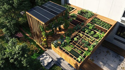 Canvas Print - Rooftop Garden with Solar Panels and Wooden Structure