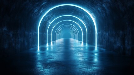 Sticker - A blue tunnel with neon lights shining through it