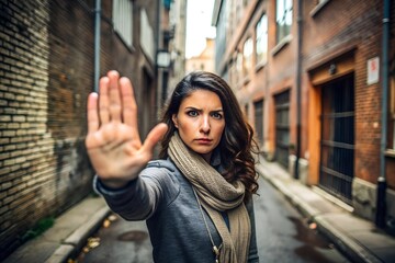 Wall Mural - Woman Making Stop Gesture in Urban Alleyway