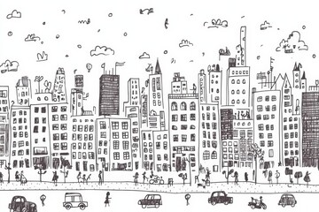 Colorful hand-drawn buildings fill the urban space while cars and diverse people navigate lively streets in this engaging illustration. Generative AI