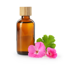 Poster - Geranium essential oil in bottle and beautiful flowers isolated on white