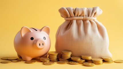 Piggy Bank and Money Bag on Yellow Background. Vibrant piggy bank next to a money bag filled with coins, illustrating financial growth, savings, and marketing strategies for wealth management.