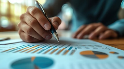 Analyzing Financial Reports with Marketing Insights. Closeup of hand writing on financial reports with marketing insights, showcasing data analysis & business strategy for effective decision-making.