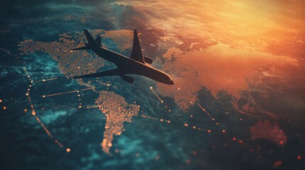 Passenger jet is flying over a digital world map, connecting the continents with its travel path. The sun is setting in the background, creating a warm and inviting atmosphere