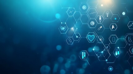 Wall Mural - abstract blue background with hexagon-shaped medical icons