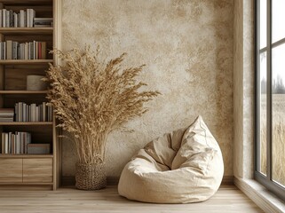 Wall Mural - Mockup of a beige living room with armchairs, shelves, and mockup wall