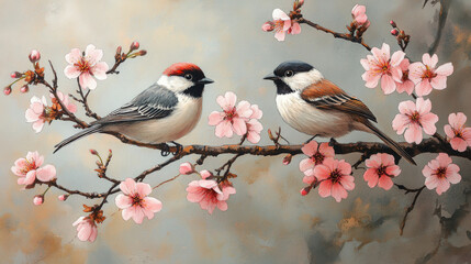 Naklejka na meble Beautiful Birds Perched on a Sakura Branch in Isolated White Background