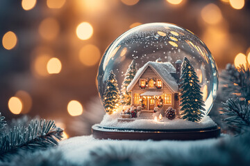 Beautiful snow globe with Christmas tree and house inside, Festive blurred abstract background with golden bokeh